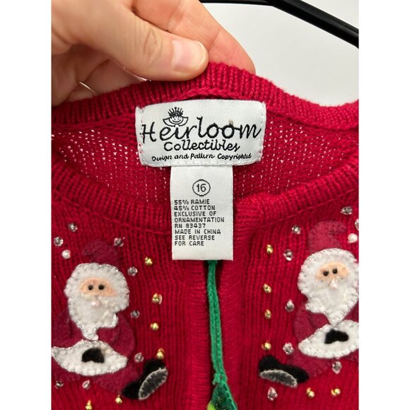 Heirloom Collectibles Christmas Sweater Red Santa Angel Beaded Zip Front Size 16 - Picture 5 of 8